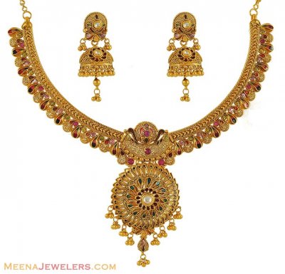 22K Indian Antique Necklace Set ( Antique Necklace Sets )