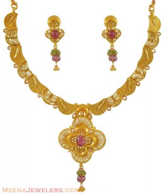 22K Gold fancy antique necklace set ( Antique Necklace Sets )