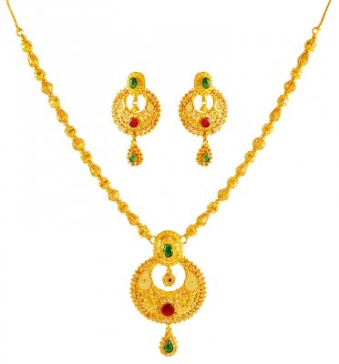 22K Gold Chand Bali Necklace Set ( Gold Designer Sets )