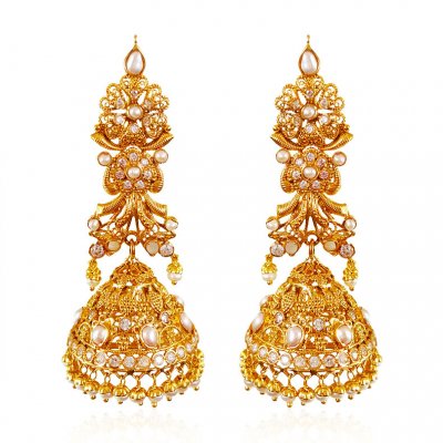 22kt Gold Pearl Jhumki Earrings ( Precious Stone Earrings )