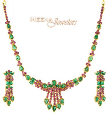 22Kt Gold Ruby And Emerald Set ( Ruby Necklace Sets )
