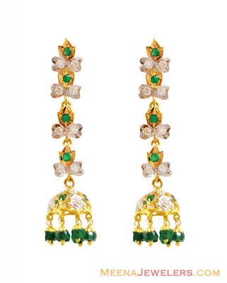 Emerald Studded Long Earrings 22k ( Precious Stone Earrings )