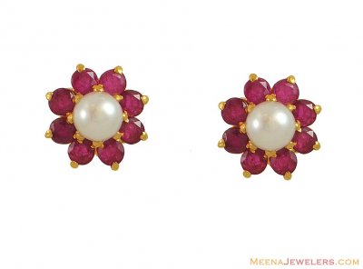 Gold Ruby Earrings with Pearl(22K) ( Precious Stone Earrings )