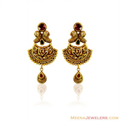 22k Antique Kundan Earrings ( 22Kt Gold Fancy Earrings )