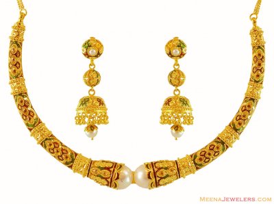 Gold Meenakari Pipe Necklace Set ( 22 Kt Gold Sets )