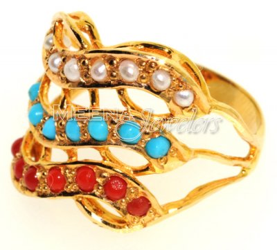 Gold Ring with Turquoise, Coral and Pearl ( Ladies Rings with Precious Stones )