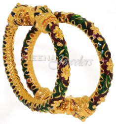 22 Kt Antique Gold Meena work Bangles, 2 pcs ( Antique Bangles )