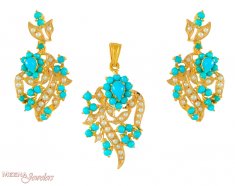 22Kt Pendant Set with Turquoise ( Precious Stone Pendant Sets )