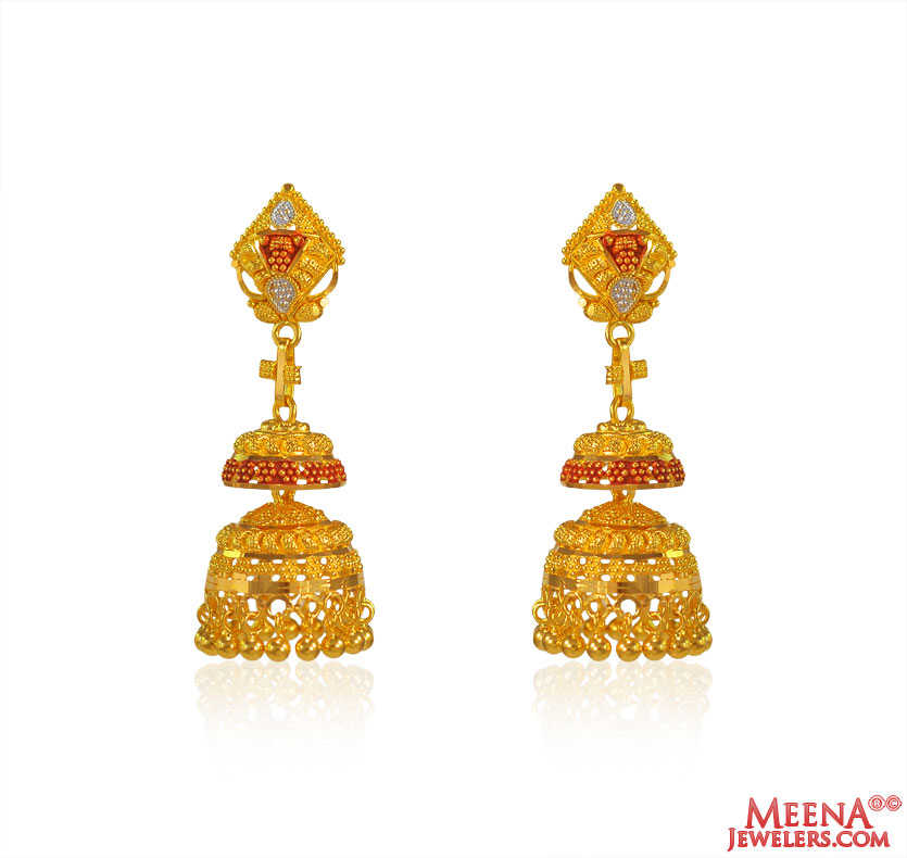 22k Gold 3 Tone Jhumki Earrings