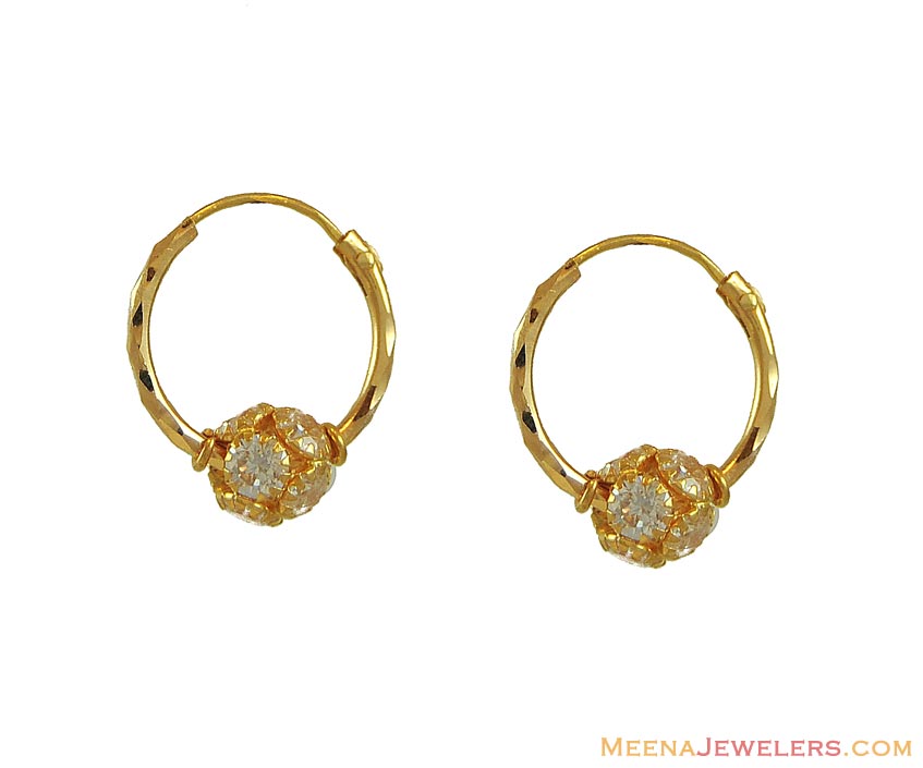 22Kt Gold Hoops ErHp8295 22Kt Gold Hoop Earrings with CZ Ball.