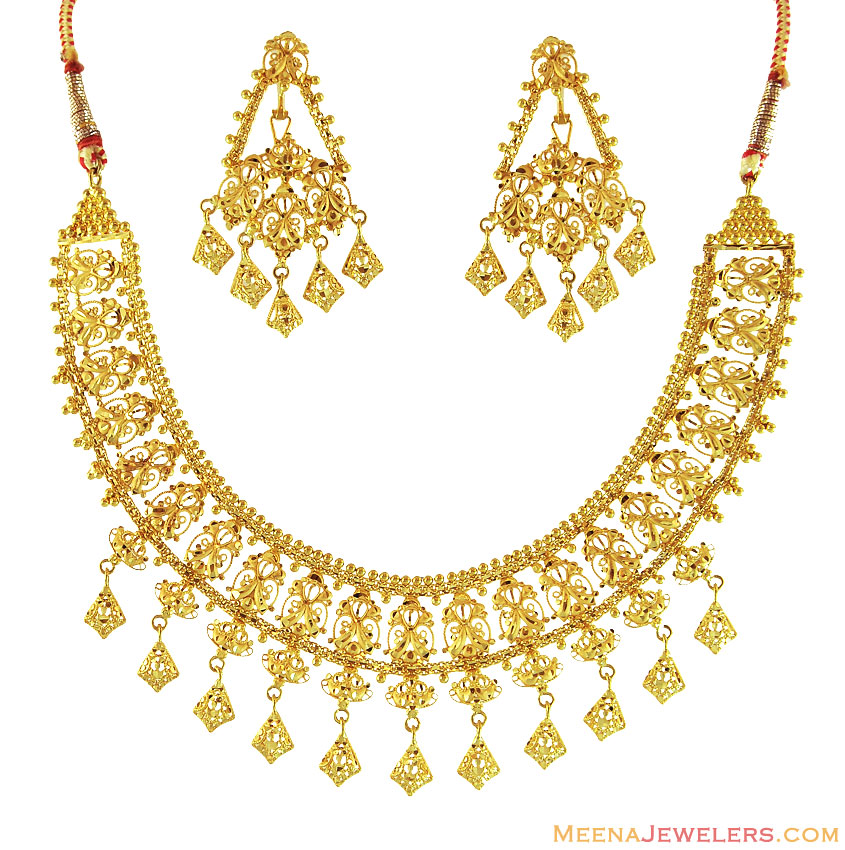 21K Gold Fancy Necklace Set - StGd12347 - 21K gold necklace & earrings ...