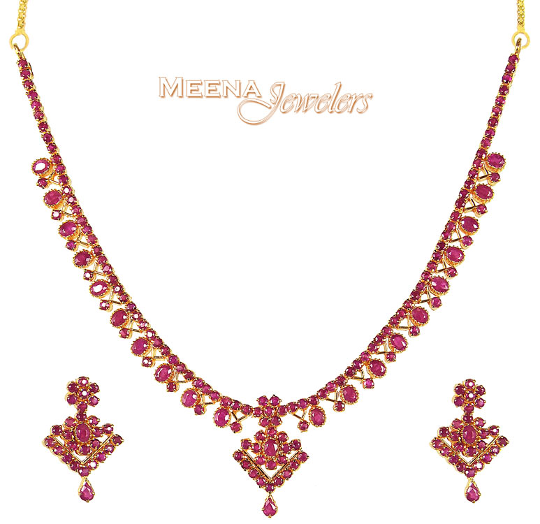 Ruby Necklace and Earrings Set (22K Gold) PsRu2649 22Kt Gold Ruby