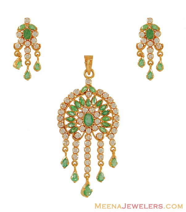 Gold Emerald CZ Pendant Set