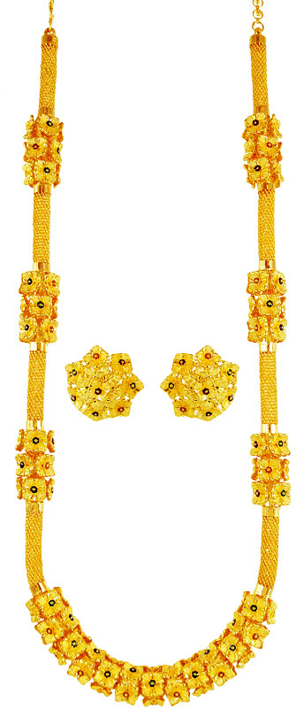 22k Gold Long Necklace Earring Set