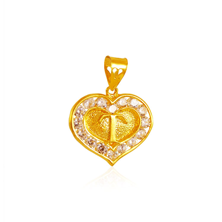 22K Gold T Initial Pendant with CZ