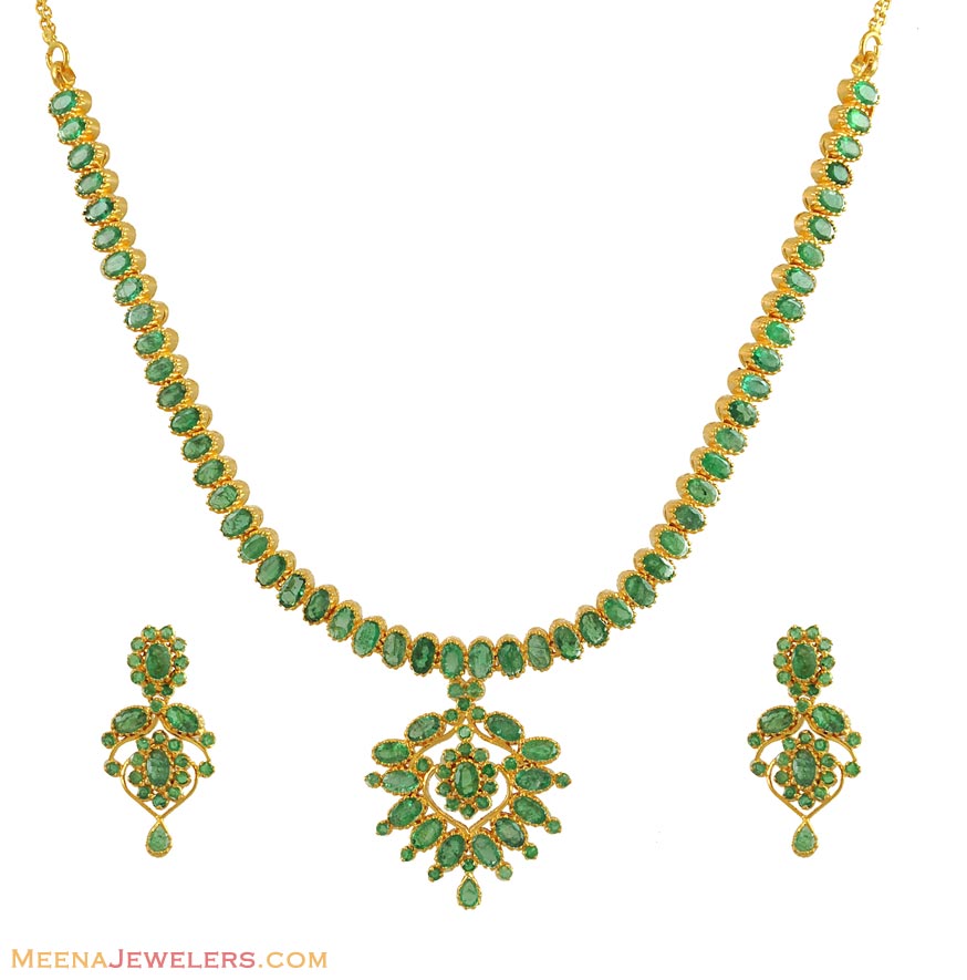 22K Gold Emerald Necklace Set - PsEm10775 - 22Kt Gold Necklace and