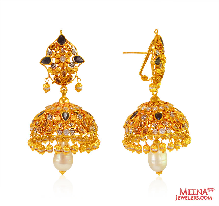 Precious Stones Jhumki 22 Kt Gold