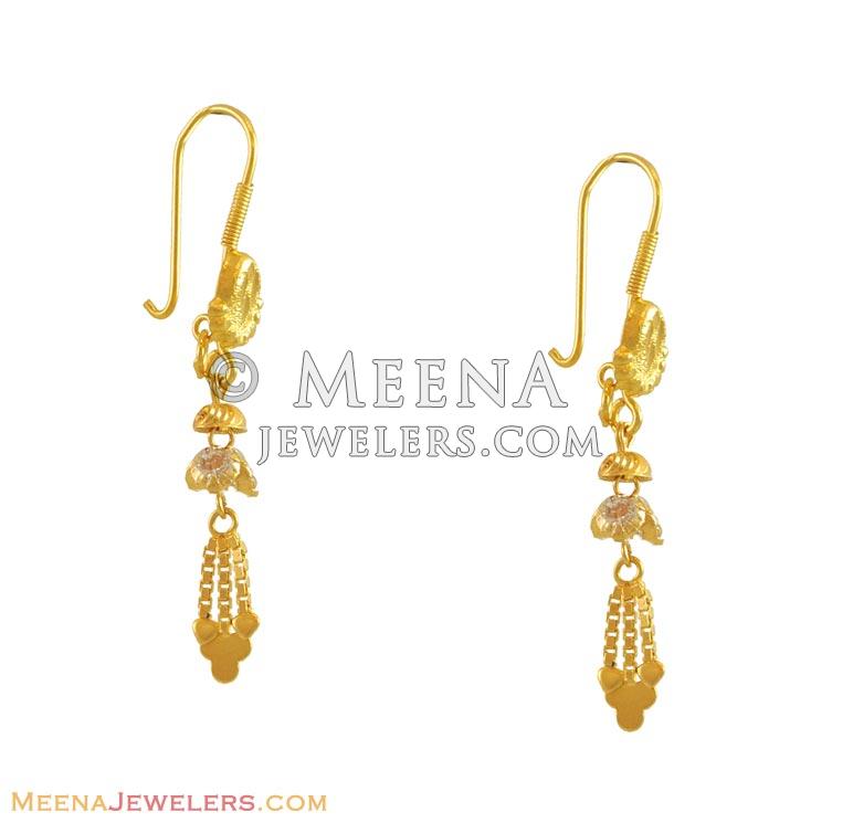 Fancy Fish Hook Earrings(22k) - ErFc11082 - 22K gold fancy earrings with  ball studded & small chains hanging. Earring type : Fish hook.