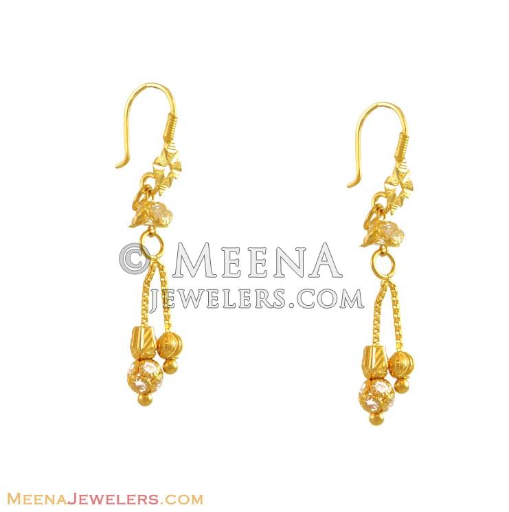 Fancy Fish Hook Earrings(22k) - ErFc11082 - 22K gold fancy earrings with  ball studded & small chains hanging. Earring type : Fish hook.