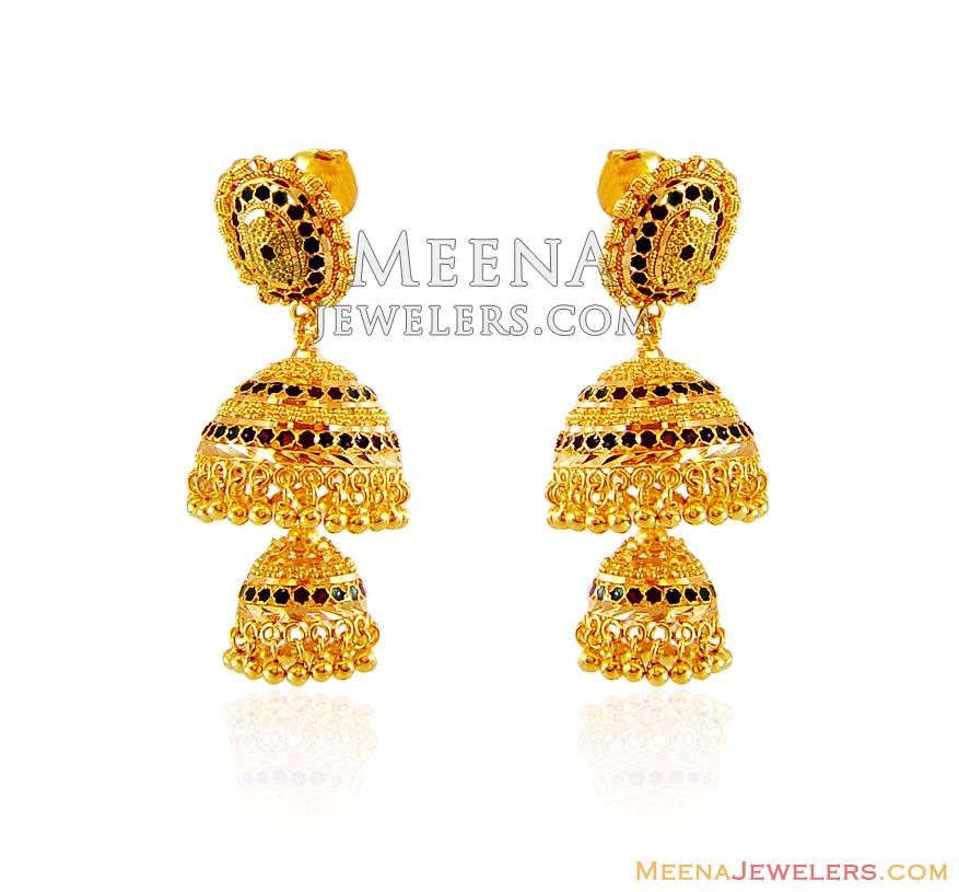 Layered Chandelier Gold Jhumka ErFc16109 22K gold layered chandelier earrings, beautifully