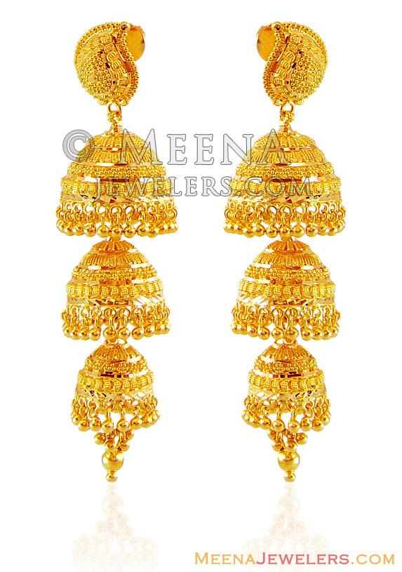 22K Layered Jhukmi Earrings erfc16107 22Kt Gold Jhumki (Chandelier earrings), designed in