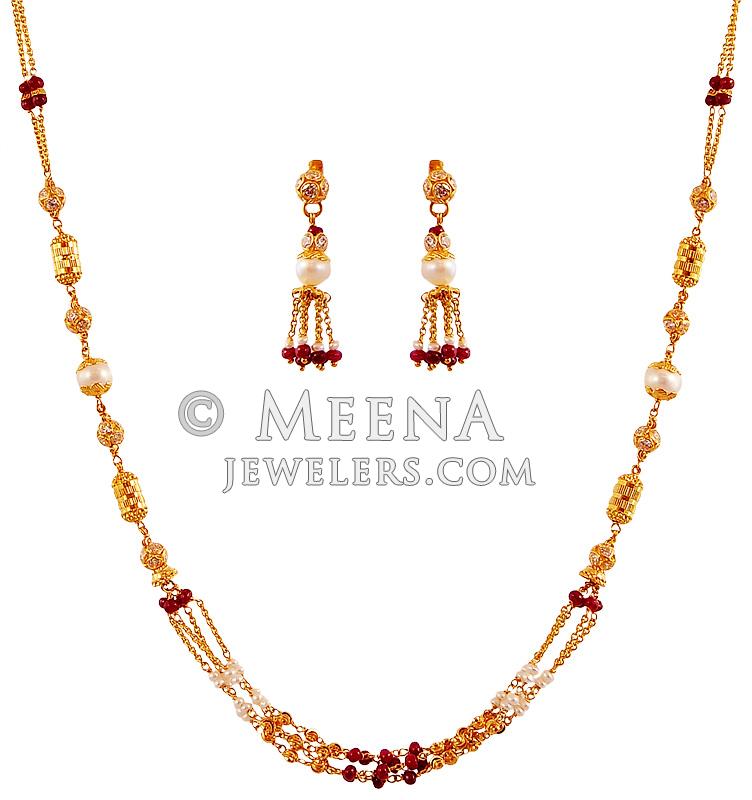 Pearl Ruby Necklace Set 22K - StGo18798 - Layered style 22K Gold
