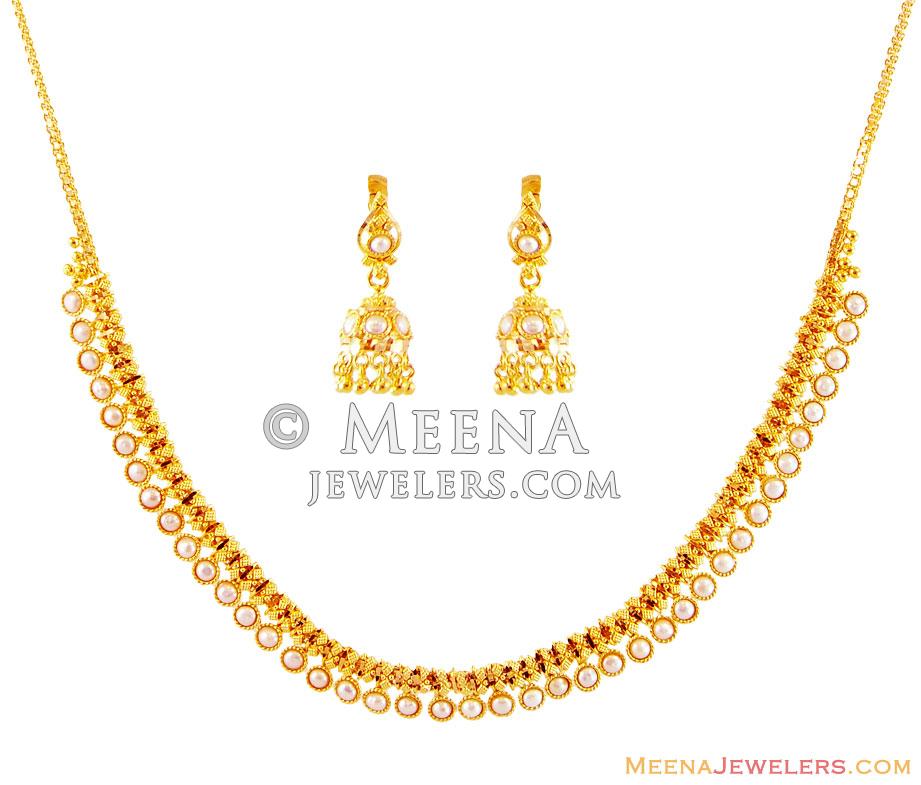 22K Gold Pearls Necklace Set StLs16769 22k Gold necklace and