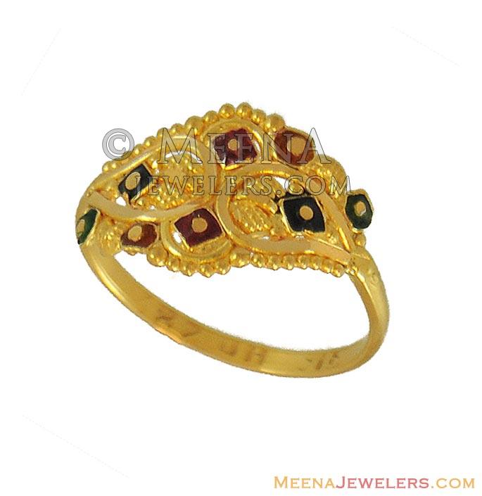 Indian Gold Ring (Kids) BjRi9028 22kt Gold Ring (kids) with filigree patterns and color work.
