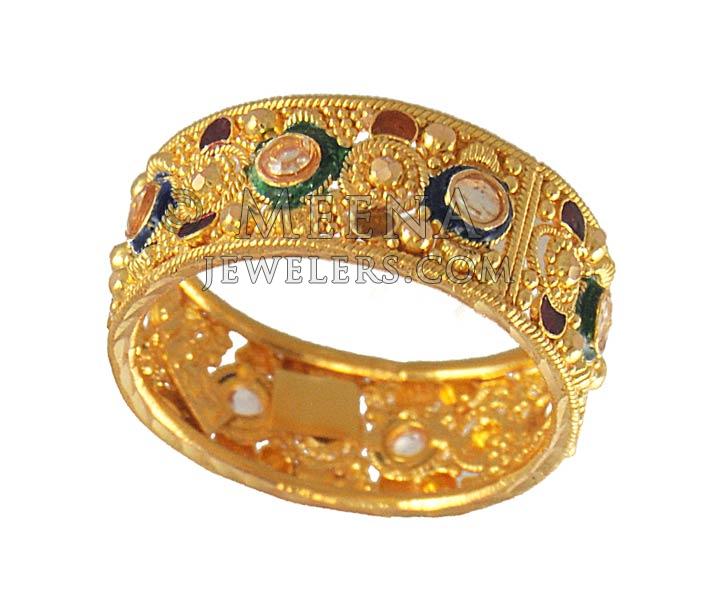 22Kt MeenaKari Ring - RiLg4359 - 22Kt Gold Ladies Ring with light meena ...