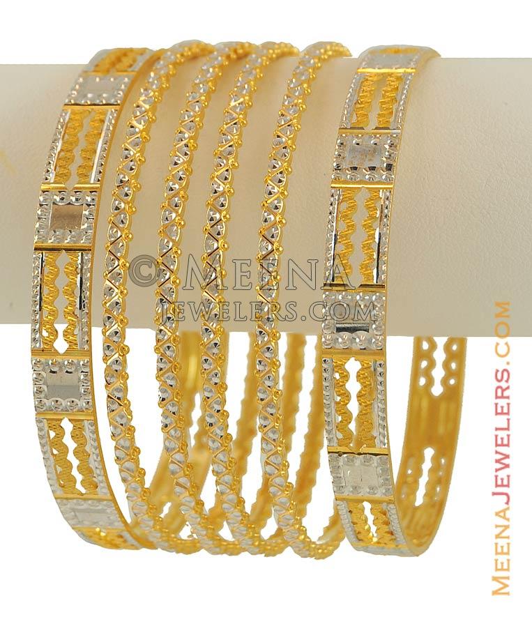 22k Bangles Set With White Rhodium (6 pcs) - Ba2t7830 - Combination of ...