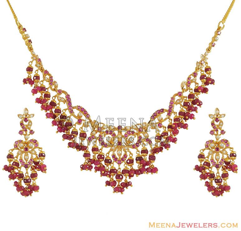 22k Gold Ruby And Pearl Necklace Set - StPs7171 - 22k gold necklace ...