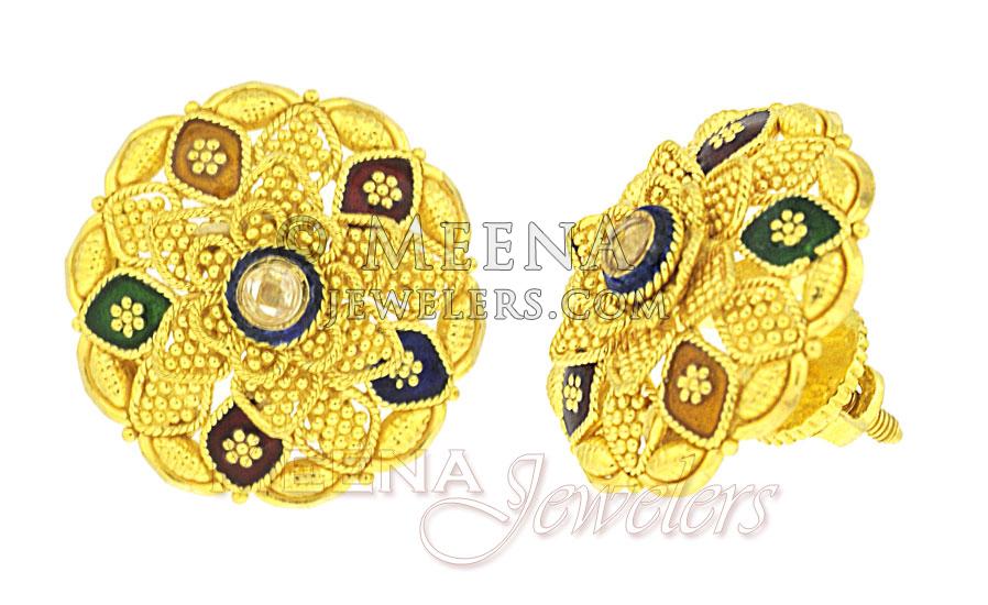 Gold Tops with enamel work - ErGt2411 - 22Kt Gold fancy Tops beautifully crafted with filigree 