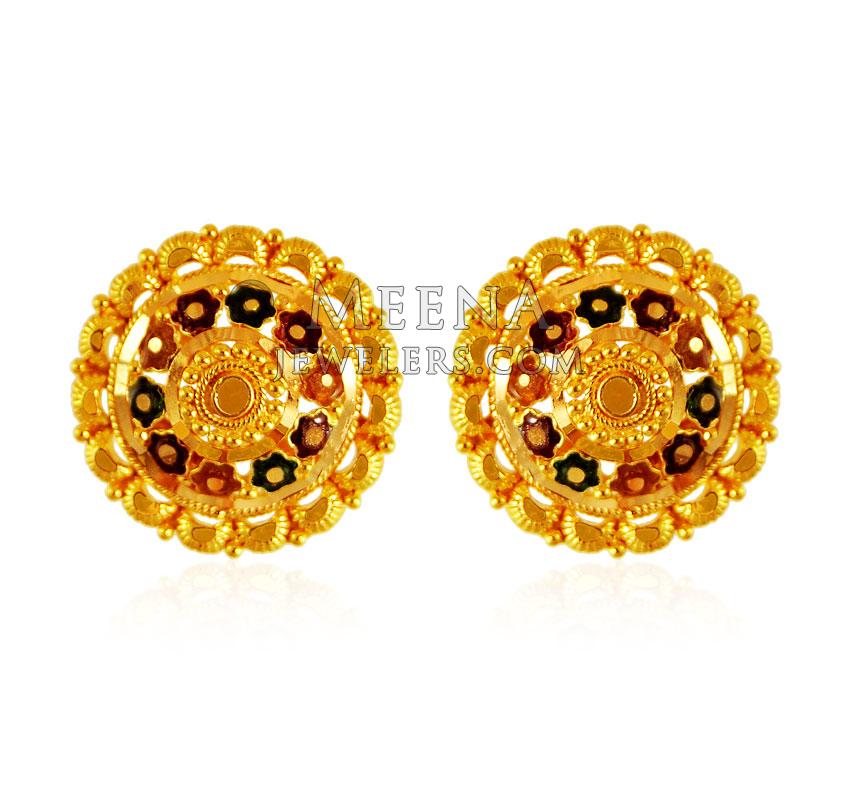 22k Gold Earrings with MeenaKari ErGt21847 22k Gold Round Earring