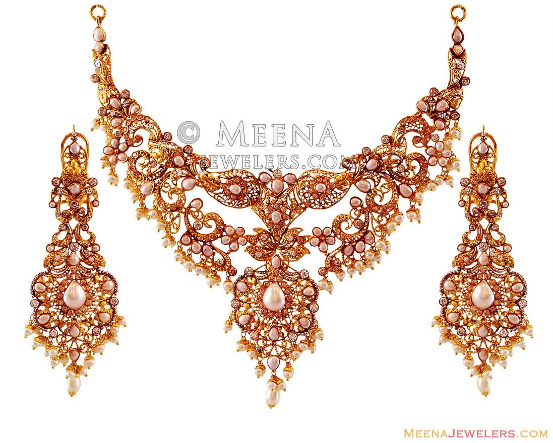22k Fancy 2Tone Pearls Set - StGd17132 - 22k gold fancy two tone ...