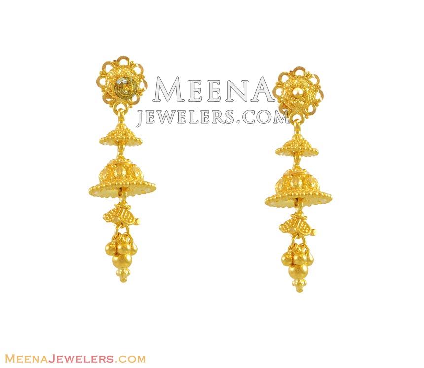 Women's 18K Gold Plated 3 Layered Long Jhumki Earrings with Pink Enamel Glided with Kundans & Pearls