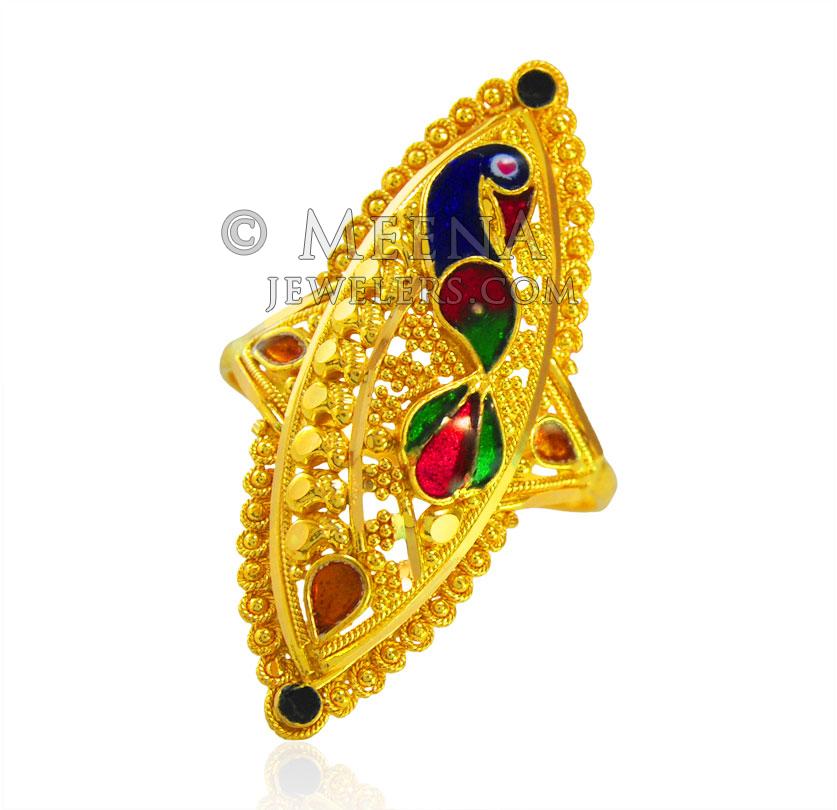 22KT Gold Peacock Ring Rilg22803 22kt Gold Meenakari Peacock Ring