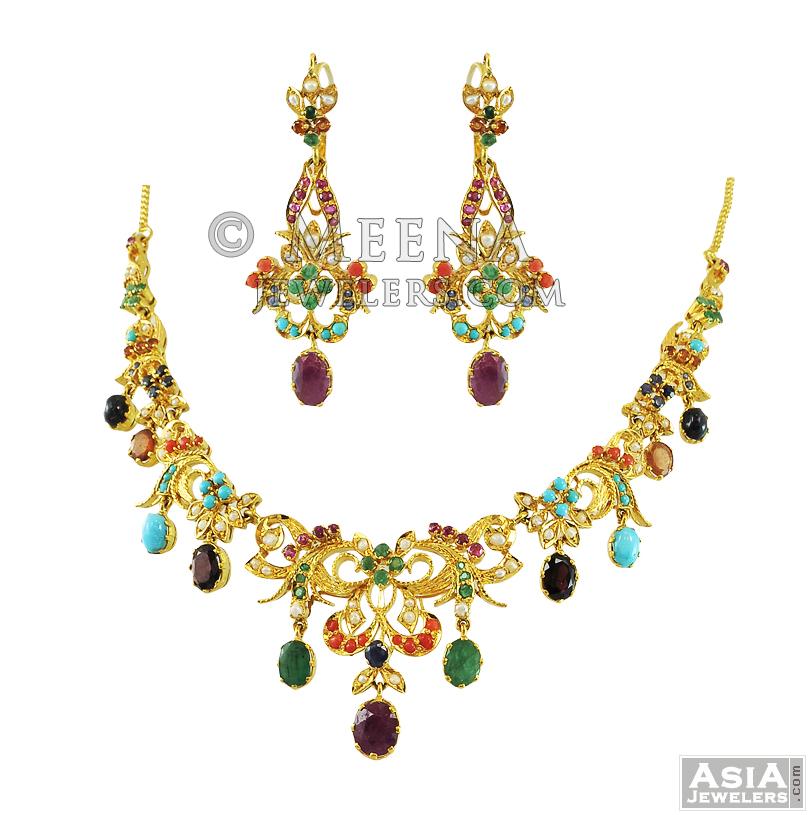 22K Fancy Mixed Precious Stones Set - StCo12554 - 22K Gold Necklace set ...