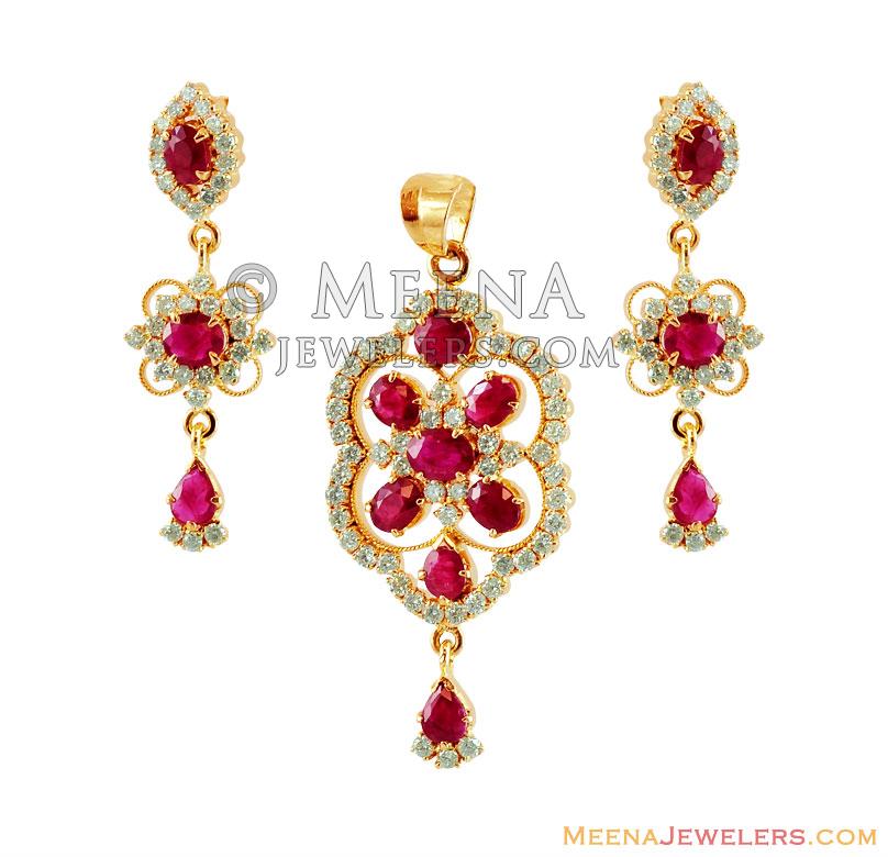 Diamond Ruby Pendant Earring Set - DiPs16397 - 18Kt Gold Diamond