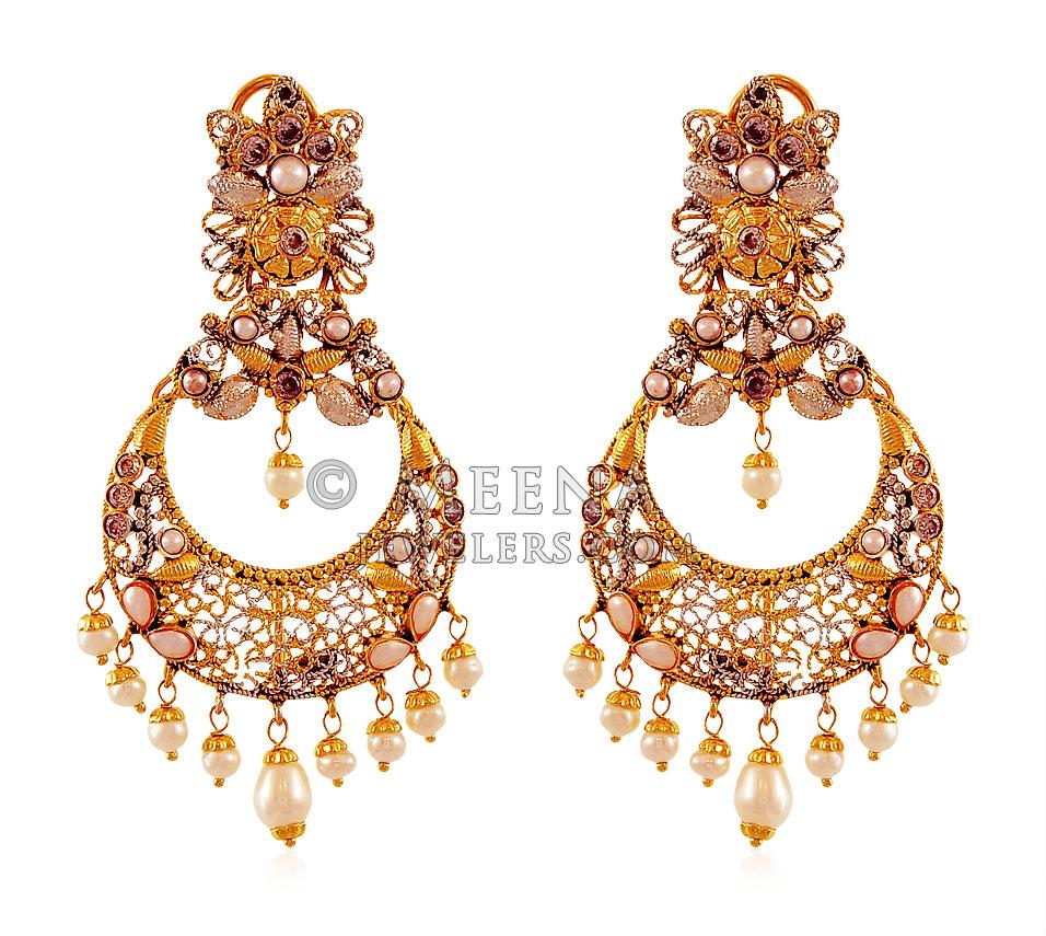 22Kt Gold Pearl Chand bali Earrings ErEx18694 22K Gold Long