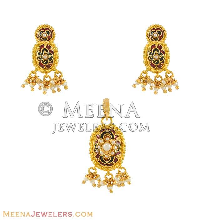 22K Meenakari Pendant Set - PsFc7967 - 22Kt Gold Pendant and Earring ...