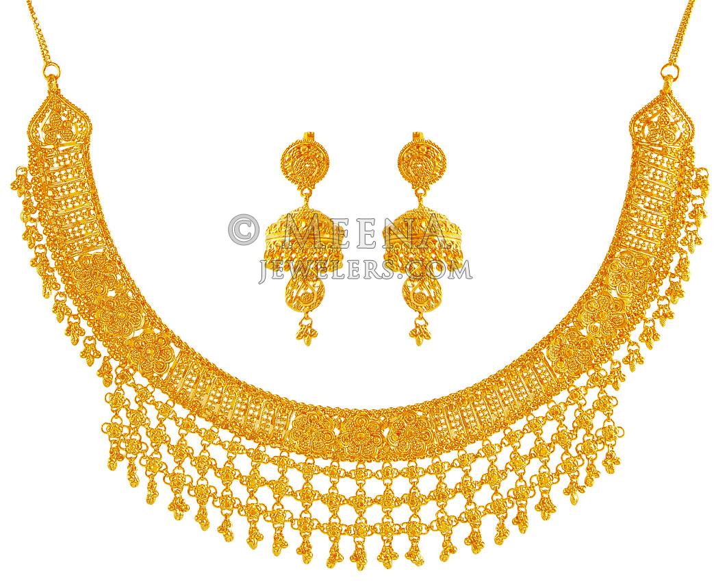 Gold Necklace Set (22k) StGo19121 22K Gold Designer Necklace and Earring Set with excellent