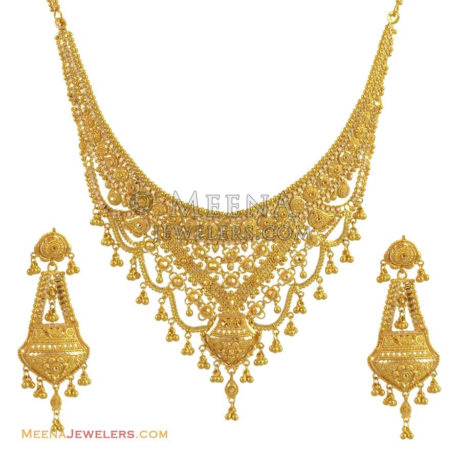 22K Gold Necklace Set StGo10567 22Kt gold designer necklace and