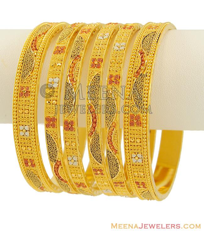22K Gold 3 Tone Bangles BaSt7423 22kt Gold Bangles (set of 6) with