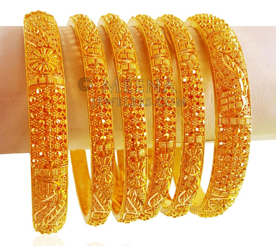 22k Gold Bangles 6 Pc BaSt22505 22KT Gold Bangles Set 6 PCs