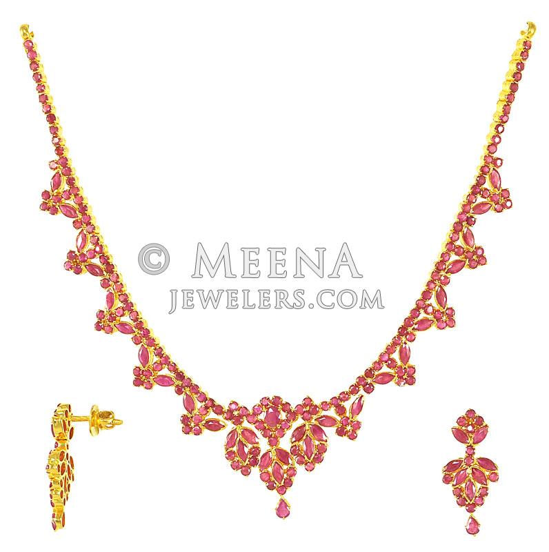 22Kt Ruby Necklace Set - PsRu2773 - 22Kt Gold Ruby Necklace and