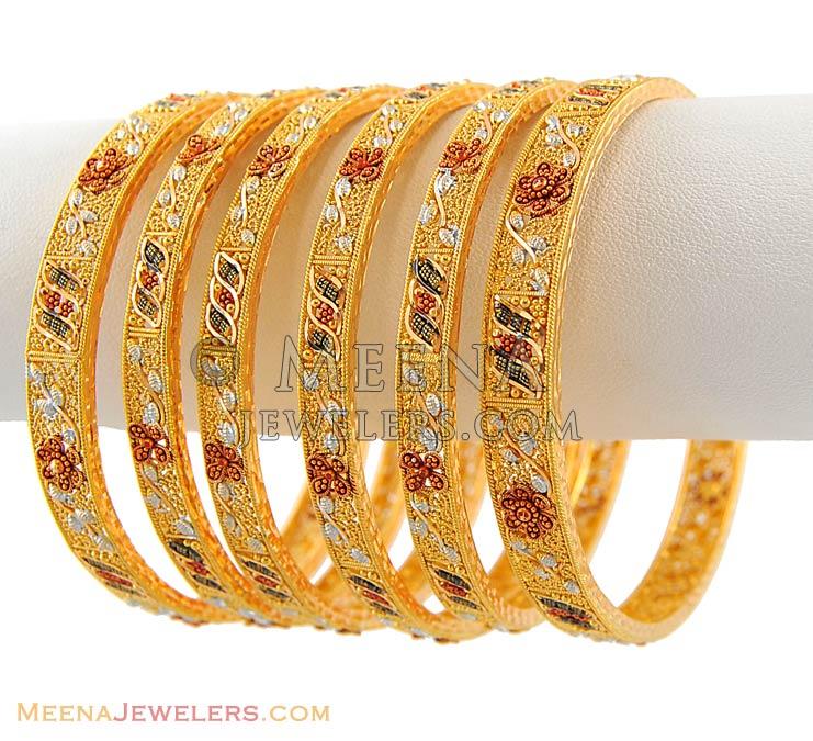 Multi Tone Gold Bangles (set of 6) - BaSt5003 - 22Kt Gold Bangles (Set ...