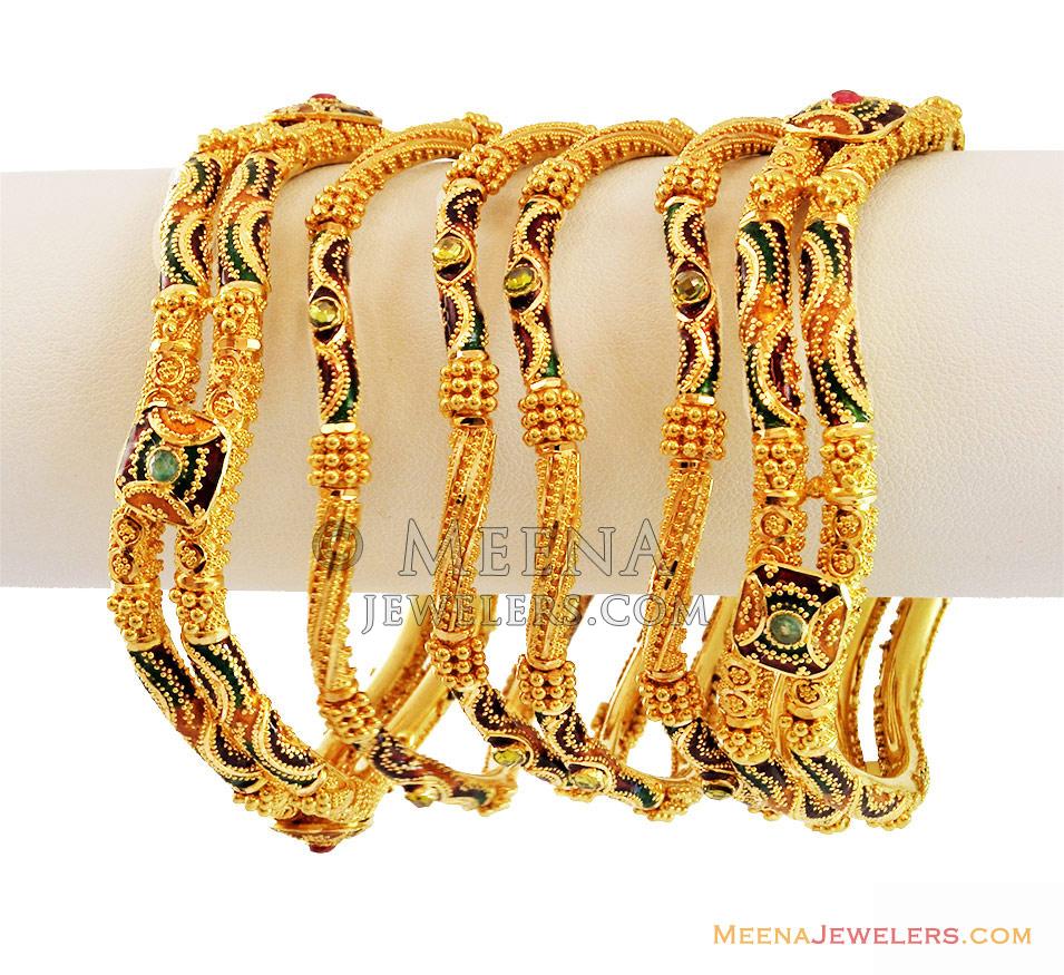 22K Traditional Meena Bangles Set - BaSt12828 - 22k gold MeenaKari pipe ...