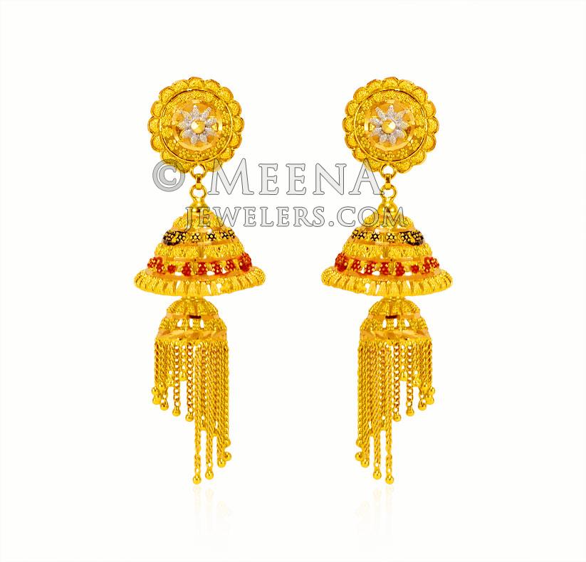 22K Gold Chandelier Earrings ErFc24019 22K gold three tone designer