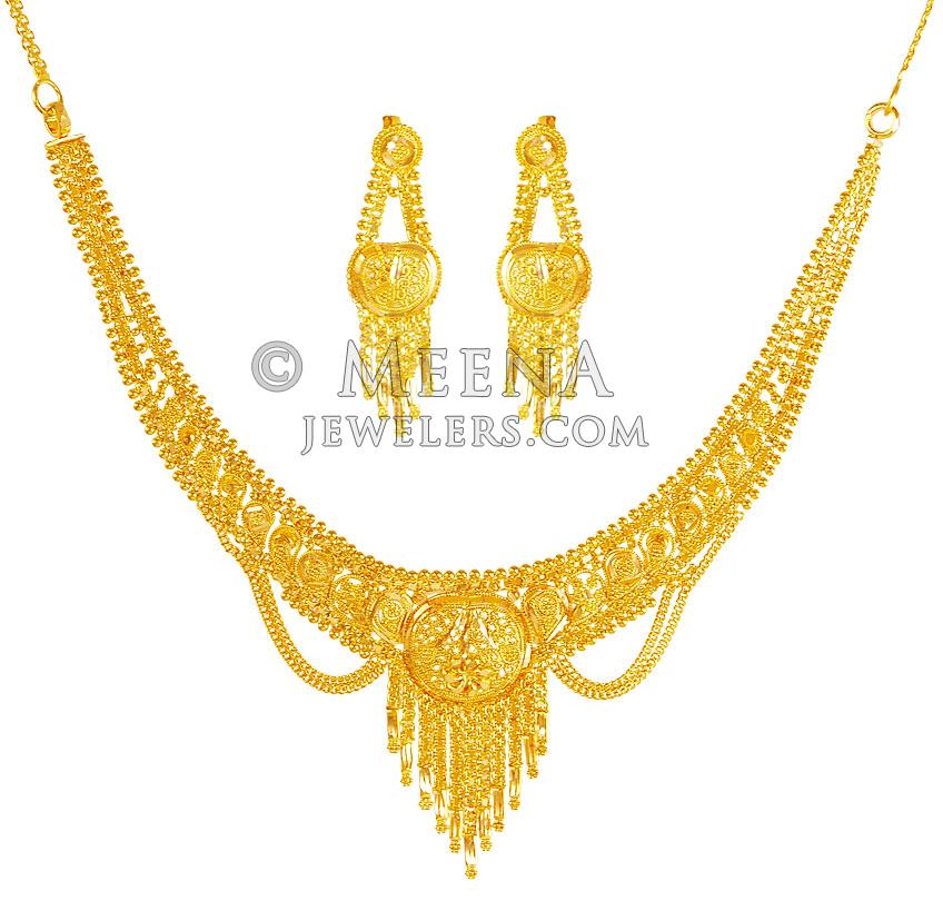 22K Gold Necklace Set - StGo20187 - 22k gold necklace earring set