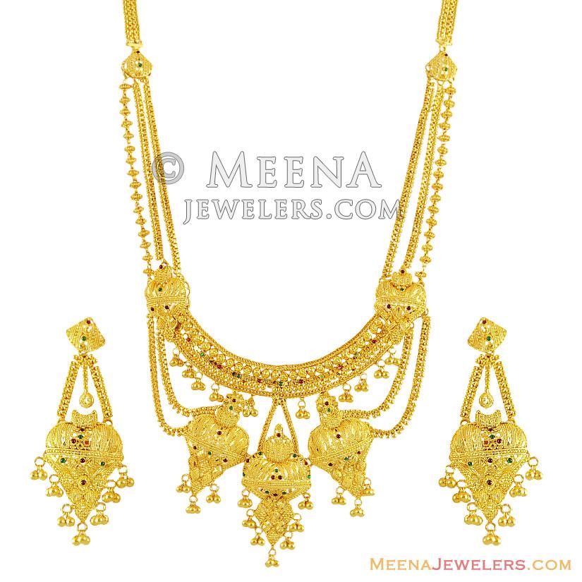 22K Designer Meenakari Set StLs11717 22k gold designer necklace and earrings set. Necklace